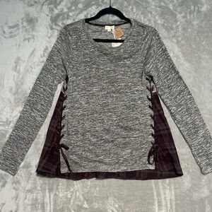 Hem & Thread Long Sleeve Babydoll Top Women’s Medium Plaid Lace Up Fall